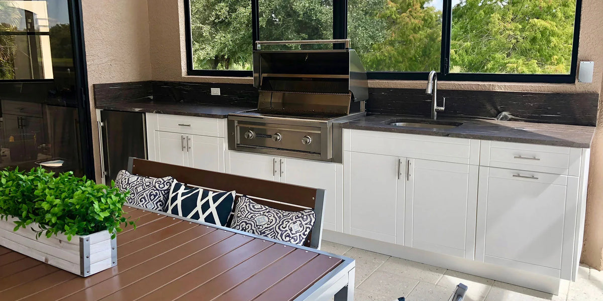 HDPE outdoor kitchen with stainless appliances and full-depth cabinetry