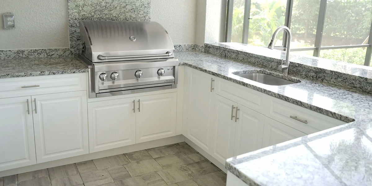 HDPE outdoor kitchen with stainless appliances and full-depth cabinetry