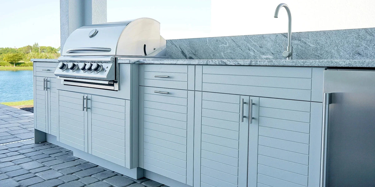 HDPE outdoor kitchen with stainless appliances and full-depth cabinetry