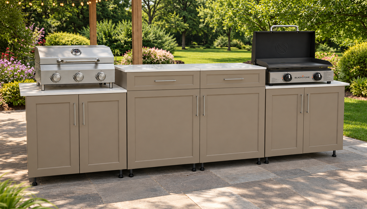 8-foot Tuscan modular HDPE outdoor kitchen with Bestfire grill and Blackstone griddle